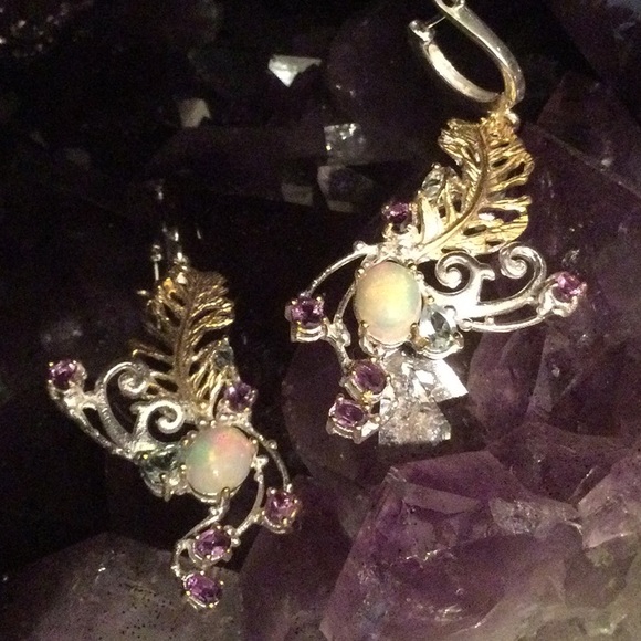 Exquisite One Of A Kind, Genuine Fiery Opal, Aquamarines & Amethysts Earrings - Picture 10 of 11